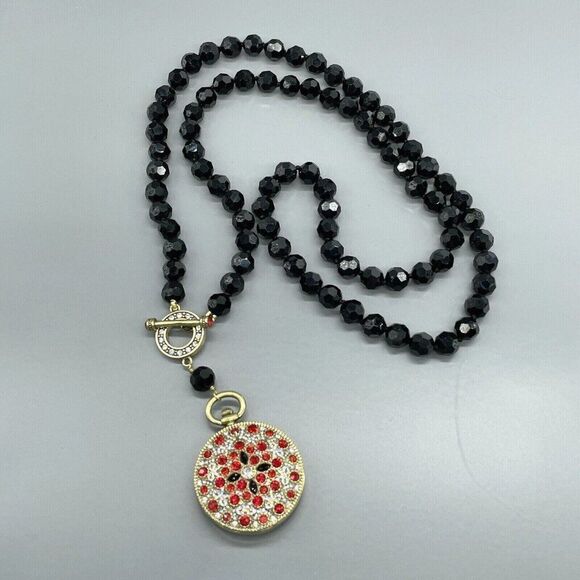 Heidi Daus Watch Pendant Necklace Timing Is Everything Jet Black Red Crystal 36" - Picture 10 of 10